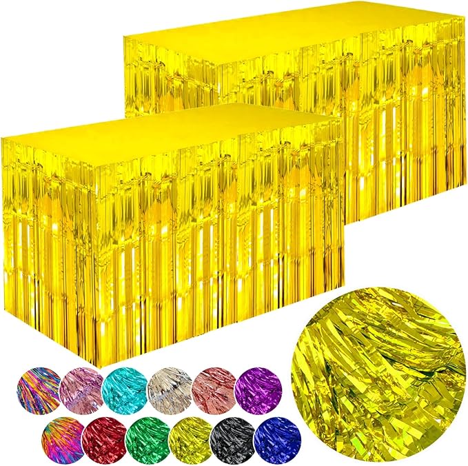 Gold Streamers Party Decorations, 2 Packs Gold Table Skirts Metallic Foil Fringe Tinsel for Birthday Float Parade Mardi Gras Graduation Party Supplies -29x108Inch