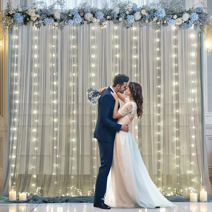 Silver Grey Tulle Backdrop Curtain with Lights String for Parites 10x10ft Sheer Backdrop Curtains for Birthday Party Bridal Shower Baby Shower Wedding Ceremony Prom Photo Booth Background Decorations