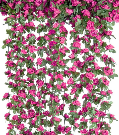 6 Pcs x 8.2 ft Flower Garland Artificial Rose Vine Flowers with Green Leaves Hanging Fake Roses Vine for Room Party Home Wedding Birthday Christmas Wall Arch Decor, Spring Magenta Flower