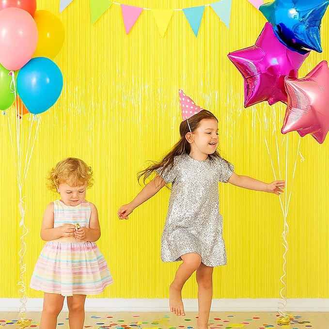 2 Pack Pastel Yellow Tinsel Foil Fringe Curtains, Yellow Party Decorations, Metallic Tinsel Party Streamers Backdrop for Birthday Baby Shower Graduation Gender Reveal Party Decorations