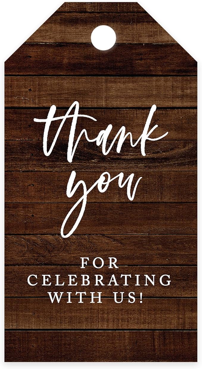 Andaz Press 100-Pack Thank You for Celebrating with Us Favor Tags Rustic Wood Cardstock Gift Tags with Bakers Twine for Wedding Baby Shower Bridal Shower Birthday Holiday Party Favors 2 x 3.75-Inches