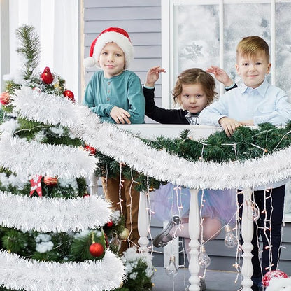 72 Feet Christmas Tinsel Garland Shiny Metallic Tinsel Twist Garland Streamers Ornaments Long Glitter Christmas Tree Hanging Decorations for Party Holiday Wedding Birthday Tree Wall Rail (Snowy White)