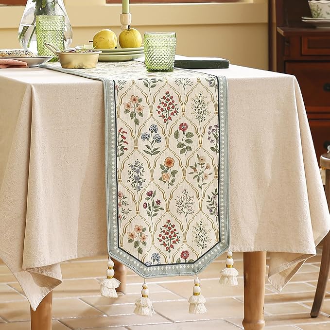 ISAENNE Designer Vintage Elegant Linen Table Runner 87 Inches Long,Colorful Wildflower Pattern Runner,Decor Table Runners for Dining Tables,Thanksgiving,Christmas,Banquet,12"*87"-Serenity B