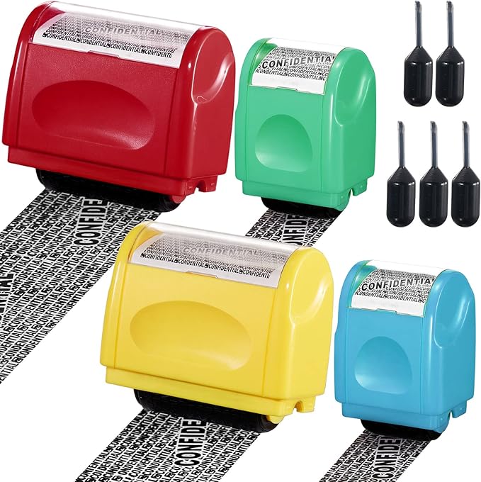 Mimorou 4 Pack Identity Theft Protection Roller Stamps Kit Confidential Privacy Roller Hidden Wide Privacy Stamp 5 Pcs Refills Security Ink for Mail Address Blocker(Red, Yellow, Blue, Green)