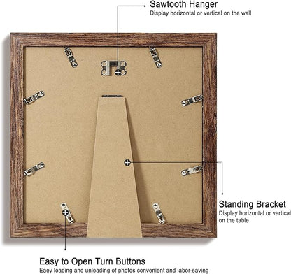 10x10 Picture Frame Set of 4 with Real Glass, Rustic Frames Display 8x8 Picture with Mat or 10 x 10 Without Mat, Wooden Square Photo Frame for Wall Mount and Tabletop Display