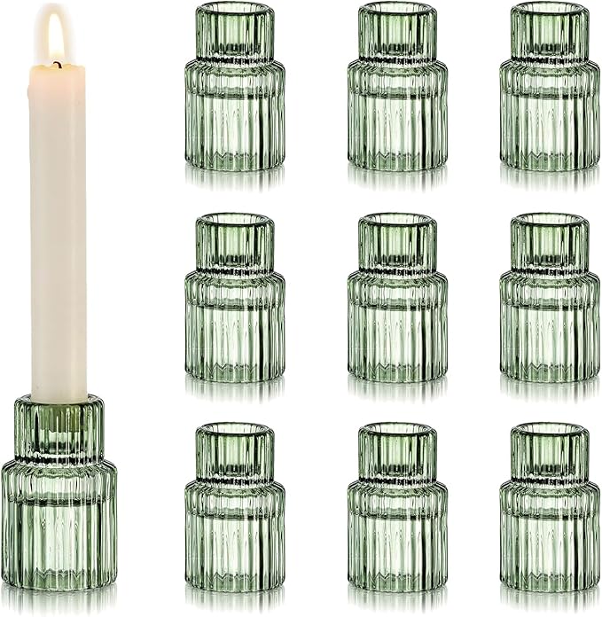 Hewory Glass Taper Candle Holders: 10 PCS Green Vintage Candle Holder Candlestick Holders Bulk, Ribbed Glass Candle Holder Candle Sticks Holder Decor for Table Centerpiece Wedding Christmas Home Decor
