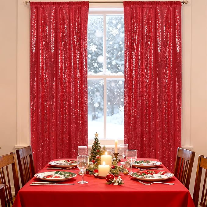 SquarePie Sequin Backdrop Curtain Non-Transparent Sparkly Background for Christmas Wedding Party 2FT x 8FT Red 2 Panel