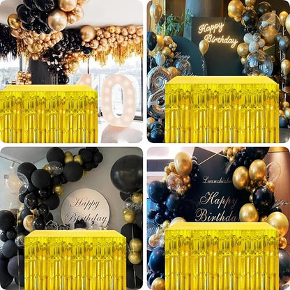 Gold Streamers Party Decorations, 2 Packs Gold Table Skirts Metallic Foil Fringe Tinsel for Birthday Float Parade Mardi Gras Graduation Party Supplies -29x108Inch