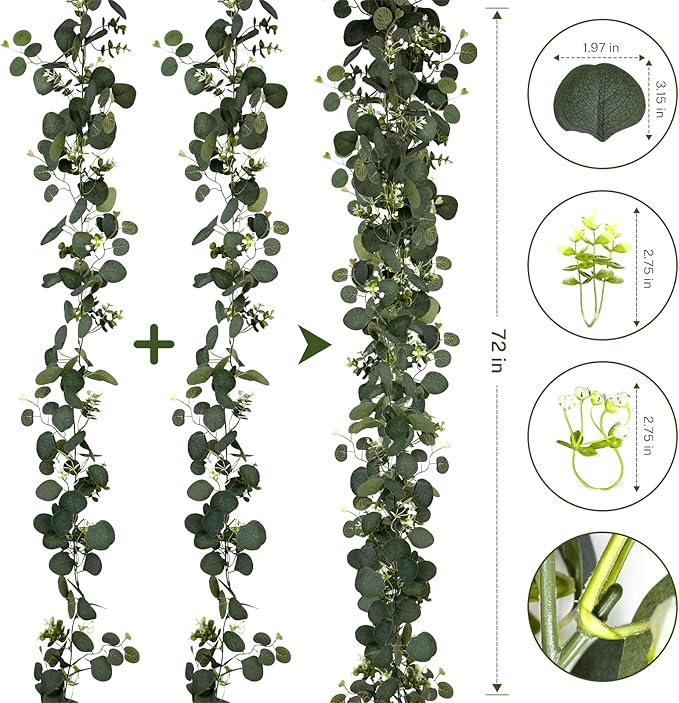 Eucalyptus Garland, 2 Packs 6FTGreen Flower Garland Decor, Artificial Faux Eucalyptus Leaves Greenery Vines for Table Runner Wedding Bedroom Mantle Centerpieces Backdrop Decorations