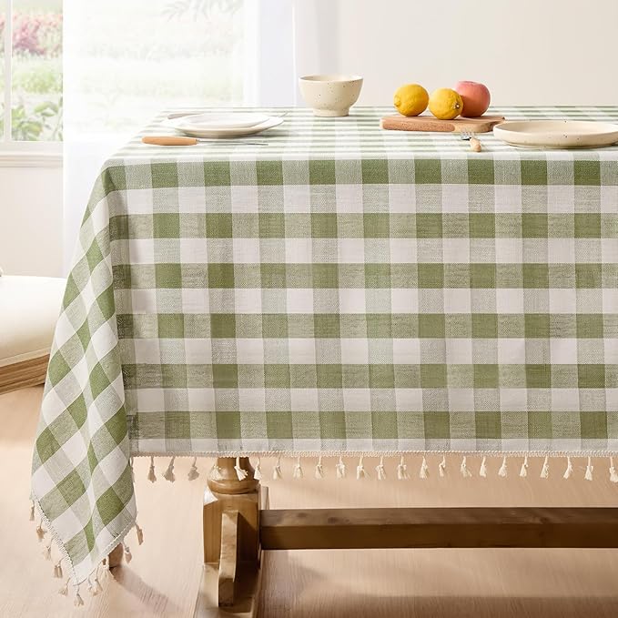 Softalker Checkered Tablecloth Rectangle, Heavy Weight Linen Gingham Christmas Table Cloth with Tassel, Washable Wrinkle Free Buffalo Plaid Table Cover for Dining/Party/Home - 55 x 84 Inch, Sage