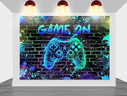 Mocsicka Game On Backdrop Video Game for Boys Level Up Birthday Party Decoration Game Night Arcade Neon Glow Gamer Banner Photography Background (Blue, 10x7ft(120"x82"))