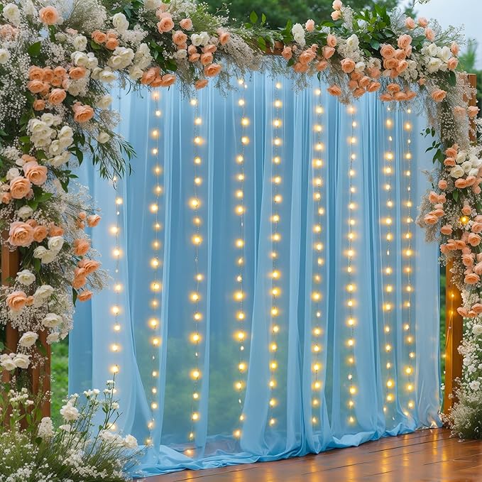 20×10ft Blue Tulle Backdrop Curtain with Lights String for Parties, Sheer Photo Backdrop Curtains for Wedding Party Photography Background