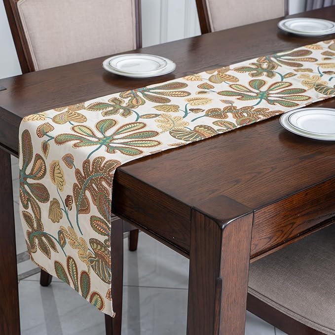 Mika Home Tropical Leaf Table Runner for Home Decor 13X72 Inches Teal Brown Seasonal Dining Table Decoration for Home