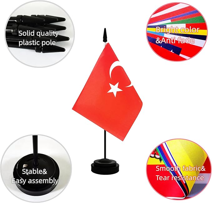 2 Pack Turkey Desk Flag, Turkish Table Office Flag with Solid Pole and Stand Base, International Country Flag, Festival Celebration, Classroom Meeting Desktop Decoration (Turkey)