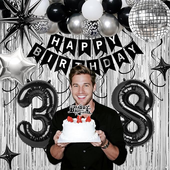38th Birthday Decorations for Men Women, Black Silver Happy Birthday Party Decorations， 38 Year Old Party Supplies with Number 38 Balloons, Banner, Fringe Curtains Kit