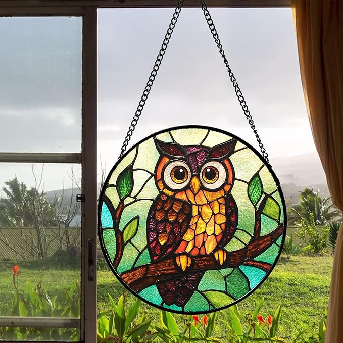Stained Glass Window Hanging - Owl on a Branch Suncatcher for Doors Window Home Orange Brown Sun Catchers Decor Christmas Mother's Day Birthday Gifts for Teacher Women Men Mom Nana 15 in