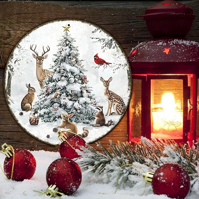 Round Christmas Snow Animals Metal Tin Sign - Vintage Christmas Tree & Winter Sign for Home & Outdoor Decorations - 12 * 12 in