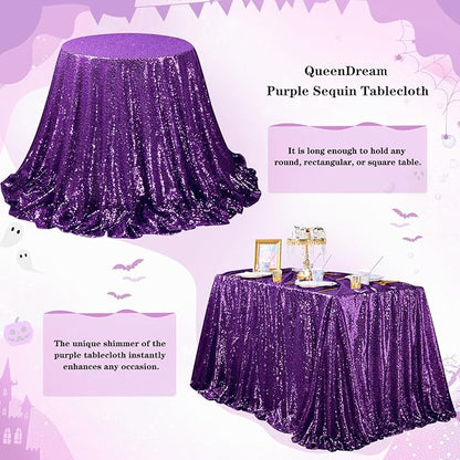 QueenDream Purple Tablecloth Sequin Fabric Table Cloths 90x90 Inch Halloween Party Decorations Purple Overlay Drapes Birthday Party Xmas Decorations