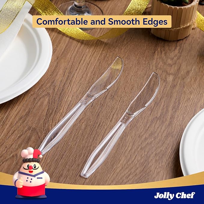 JOLLY CHEF 300 Count Clear Plastic Knives Heavy Duty, 7.7" Heat Resistant Solid and Durable Plastic Knives Disposable, Disposable Bulk Cutlery Suitable for Parties Supply Events Everyday Use