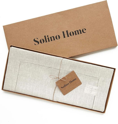 Solino Home Linen Light Natural Table Runner 60 Inches - Classic Hemstitch, 100% Pure Linen Coffee Table Runner 14 x 60 Inch Ideal for Dresser Tables - Fall, Autumn, Halloween, Thanksgiving, Christmas