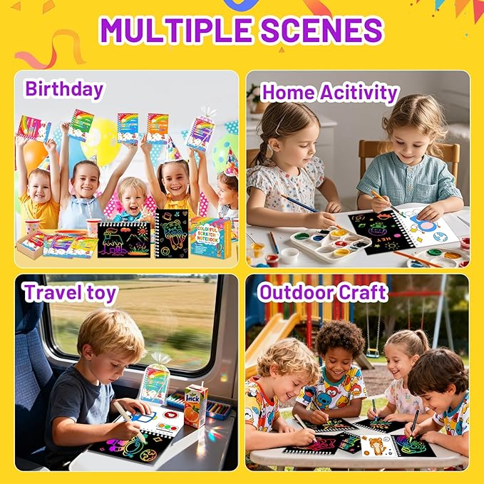 Party Favors for Kids: 16 Pack Scratch Art Notebooks with Rainbow Colors, 2-in-1 Coloring & Scratch Books, Bulk Birthday Gifts, Goodie Bags, Classroom Prizes for Boys & Girls
