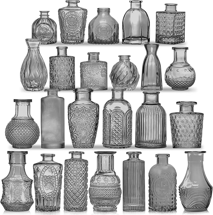 Dark Gray Bud Vases Set, 24 Pcs Vintage Small Vases for Flowers, Clear Crystal Mini Glasses in Bulk, Small Flower Design for Centerpieces Wedding Home Flower Party Decor