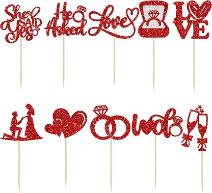 Ephlyn 30Pcs He Asked She Said Yes Cupcake Toppers Glitter Engagement Cupcake Toppers Diamond Ring Heart Love I Do Cupcake Picks for Engagement Wedding Party Cake Decorations Red