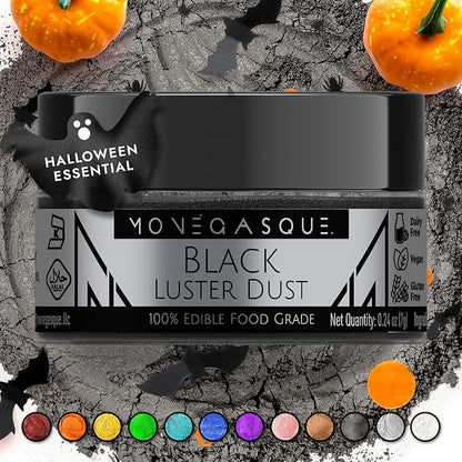 MONÉGASQUE Black Edible Glitter for Drinks 7g – Edible Glitter for Cakes & Cocktails - Black Luster Dust for Cocktail & Cake - Halloween Food Decorations, Drink, & Cake Decorating Spray Sparkles