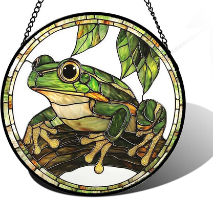 Stained Glass Window Hanging, Frog Green Leaf Sun Catchers Colorful Glass Panel Cool Suncatcher Decor for Birthday for Women, Men, Wife, Aunt, and Mom 9.8 in