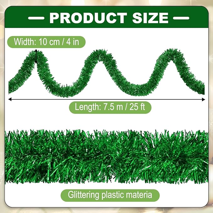 25 Feet Metallic Twist Tinsel Garland Backdrop for Parade Floats, Christmas Eve, New Year, Valentine's Day Party Decorations (Green, 4in x 25ft)