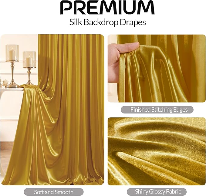 Golden Brown Satin Backdrop Curtains 2 Panels - Glitter Photo Drapes for Baby Shower, 10x10FT Shimmer Back Drop Cloth, Wrinkle Free for Golden 50th Birthday Party Decorations