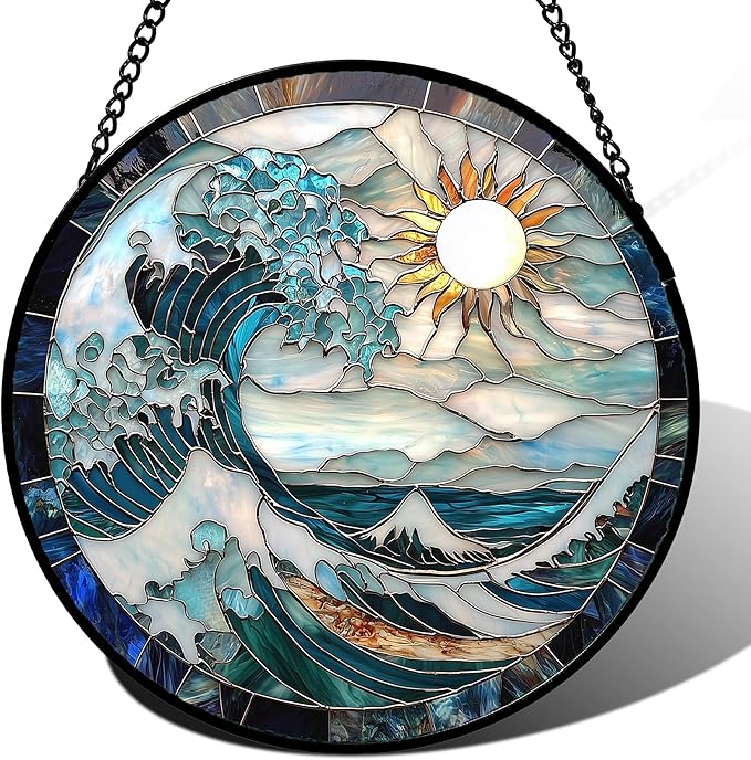 Stained Glass Window Hanging - White Sun Big Wave Suncatcher for Door Terrace Garden Home Decor Blue Ocean Landscape Sun Catcher Birthday Gifts for Lovers Women Men Dad Mom Nana 15 in