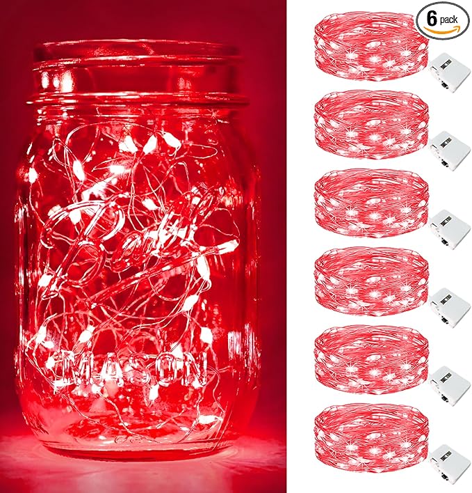 btfarm 6 Pack Fairy Lights Battery Operated [3 Modes], 7ft 20 Led Twinkle Lights String Lights Waterproof Bulk Small Mini Silver Wire for Christmas Mason Jars Wedding Table Centerpiece, Red