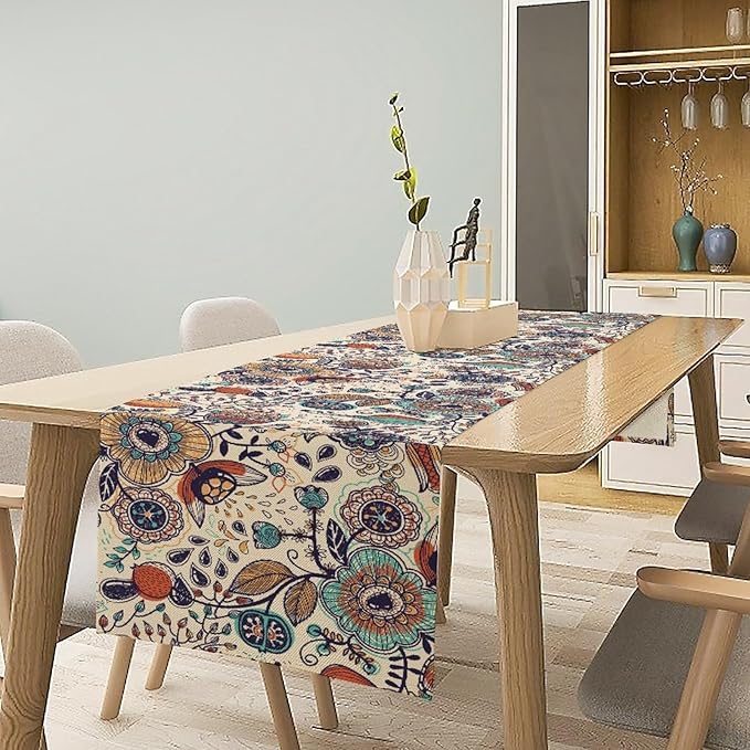 Boho Floral Table Runner,Vintage Flowers Tropical Plants Country Style Table Cloth Kitchen Dining Table Home Party Decoration 13x36 Inch