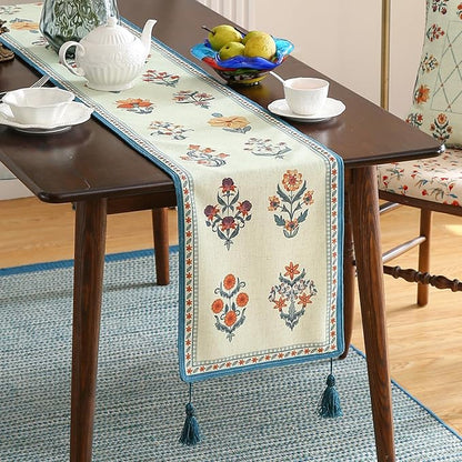 ISAENNE Designer Light Green Linen Extra Long Table Runner 118 Inches,French Floral Patterns Elegant Table Runner for Dining Tables,Thanksgiving,Kitchen Tables,Christmas,12"*118"-Floralsea B