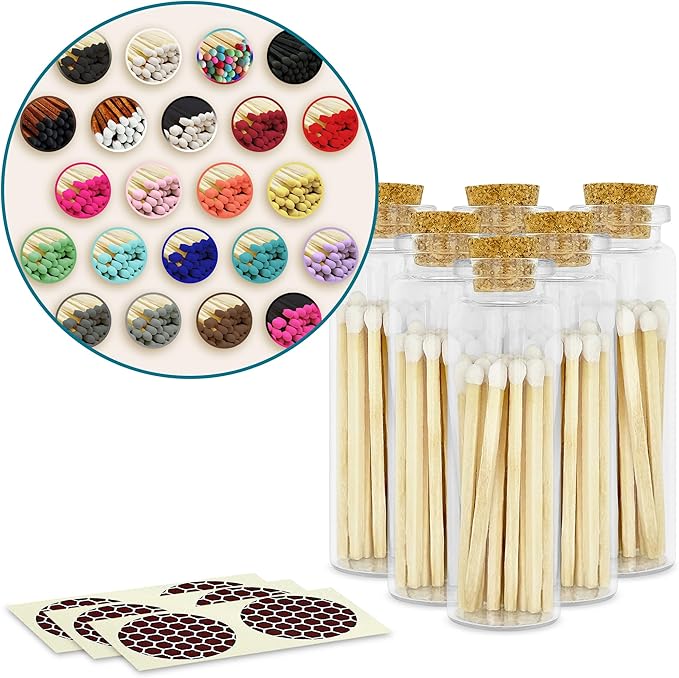 2" Matches in 6 Glass Bottles Cork Top, Striker Stickers Included | 120 Matchsticks Color of Your Choice | Decorative Safety Matches w/Small Glass Holder | Gifts & Home Decor by Thankful Greetings