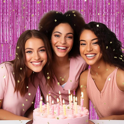 3 Pack Foil Fringe Backdrop - Hot Pink Shiny Tinsel Curtains for Party Decoration/Photo Booth Props - 3.3x8.2 FT Metallic Foil Backdrop for Birthday, Wedding, Graduation, Christmas.