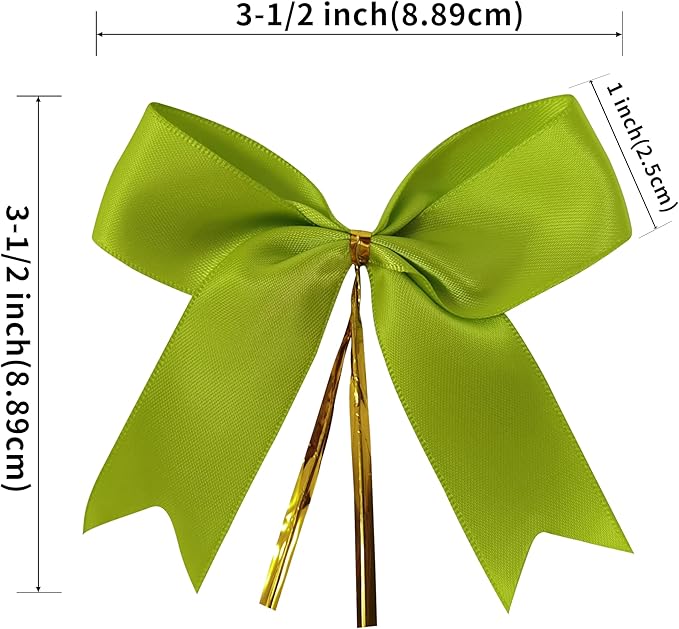 50 pcs 3-1/2" Apple Green Satin Ribbon Twist Tie Bows for Spring Gift Wrapping with Fish Tails (Lt.Green)