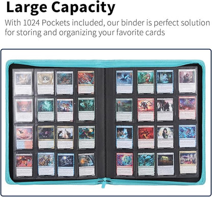 Snekdy premium 1024-pocket trading card binder, 16-pocket cards album, waterproof PU-leather Cover album with side loading, holds gaming, baseball, basketball & sports cards Turquoise