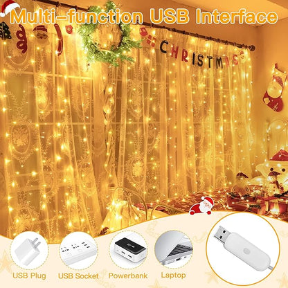 Ollny Curtain Lights 6.6x6.6ft, 200 LED String Lights with Remote 8 Modes Dimmable Timer, USB Power Fairy Light for Bedroom Backdrop Indoor Wall Window Wedding Decor, Warm White