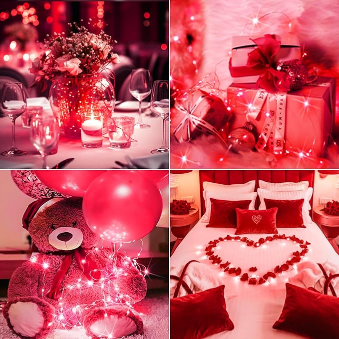 btfarm 12 Pack Fairy Lights Battery Operated [3 Modes], 7ft 20 Led Twinkle Lights String Lights Waterproof Bulk Small Mini Silver Wire for Christmas Mason Jars Wedding Table Centerpiece, Red