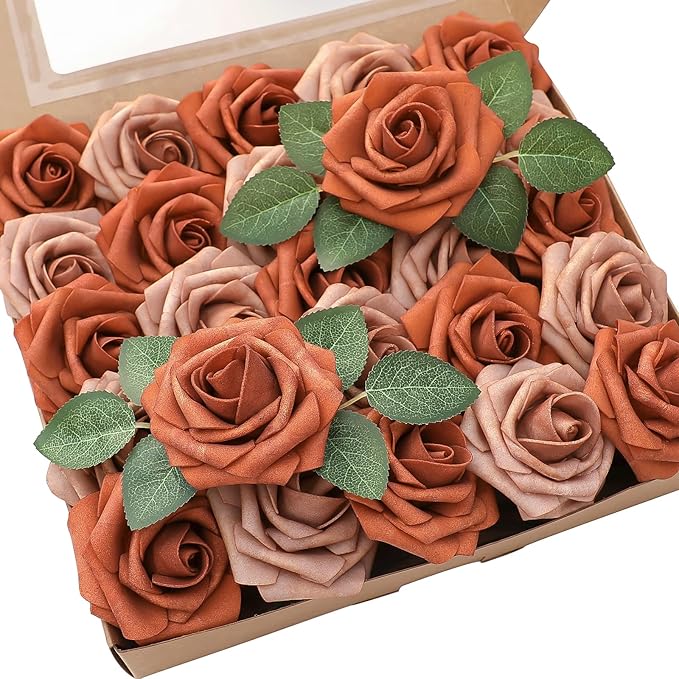 Floroom Artificial Flowers 25pcs Real Looking Burnt Orange & Warm Taupe Foam Fake Roses with Stems for DIY Wedding Bouquets Bridal Shower Centerpieces Floral Arrangements Party Tables Home Decorations
