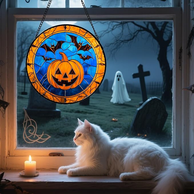 Stained Glass Window Hanging - Halloween Evil Pumpkin Suncatcher for Doors Window Garden Indoor Spooky Brown Bat Sun Catchers Gothic Decor Horror Gifts for Women Men Friend Boy Girl 9.8 in