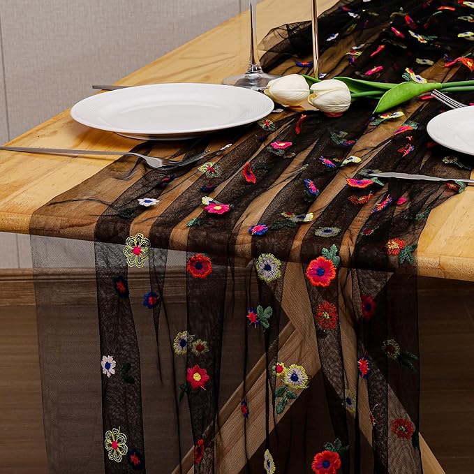 BINBE 6pcs Black Daisy Fall Table Runner Embroidery Gauze 10FT Florals Seasonal Tulle Holiday Birthday Kitchen Dining Table Decor for Home Party