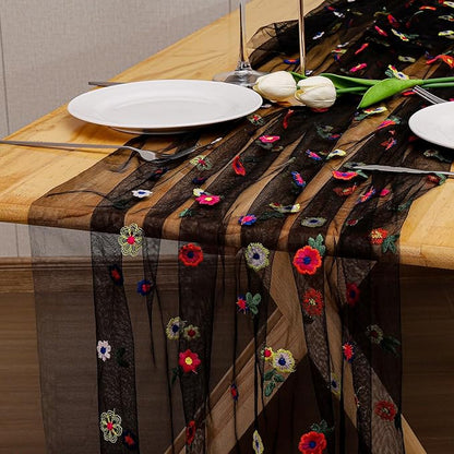 BINBE 6pcs Black Daisy Fall Table Runner Embroidery Gauze 10FT Florals Seasonal Tulle Holiday Birthday Kitchen Dining Table Decor for Home Party