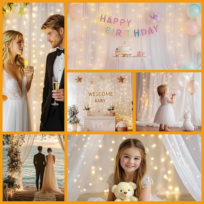 White Tulle Backdrop with Fairy Lights for Parites Wrinkle-Free Sheer Curtain Drapes Photo Back Drop for Wedding Baby Shower Bridal Shower Birthday Dance Home Décor- 10ft×8ft, White