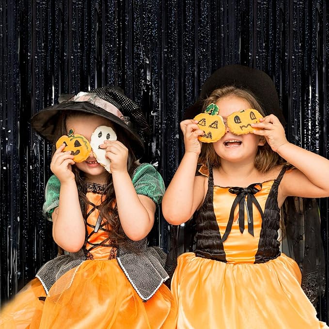 2 Pack Black Foil Fringe Curtain Backdrop Black Streamers Tinsel Backdrop Halloween Party Decor Birthday Wednesday Graduation Wizard Party Decorations for Men