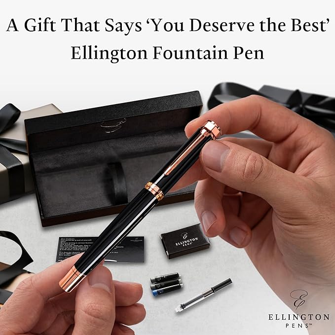 Ellington Pens Luxury Fountain Pen Set- Fountain Pens for Writing - Smooth Extra Fine Nib - Includes Refillable Ink Converter, 3 Ink Cartridges [Black & Blue], Gift Box - Elegant Calligraphy