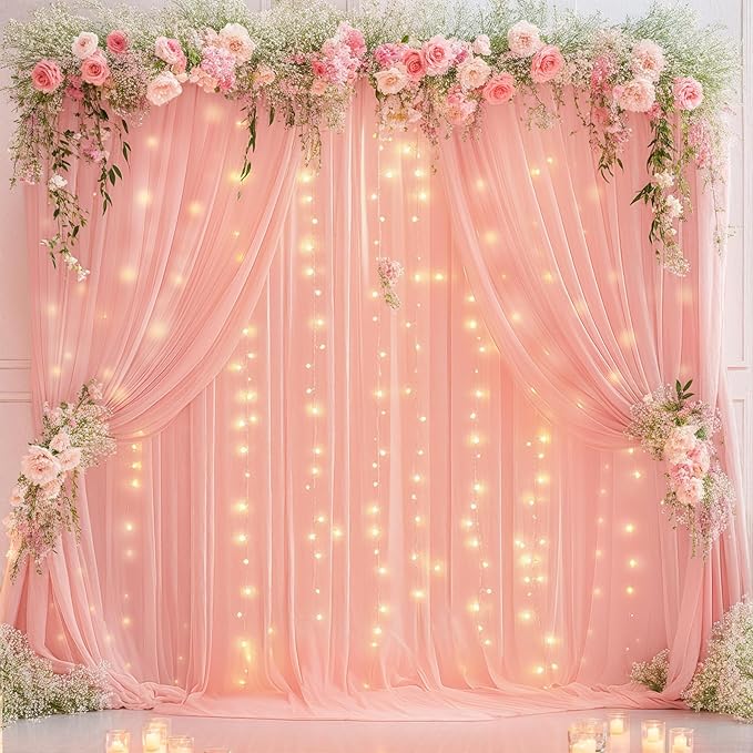 Wish Care 10ft x 10ft Baby Pink Chiffon Backdrop Curtain with Lights String for Parites Wedding Wrinkle Free Curtain Photo Backdrops Drapes for Baby Shower Birthday Party Home Decorations