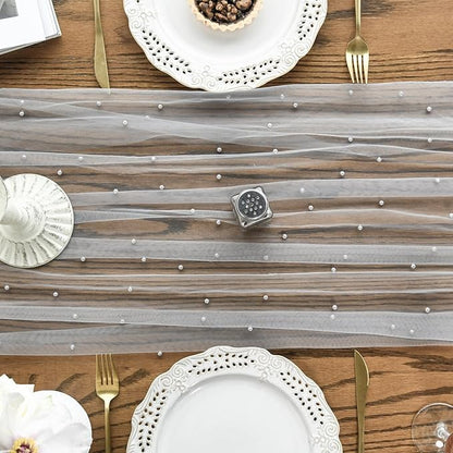 Artoid Mode Pearl Grey Gauze Table Runner 120 Inch 10FT, Seasonal Sheer Dining Holiday Wedding Birthday Baby Shower Table Decor for Home Party